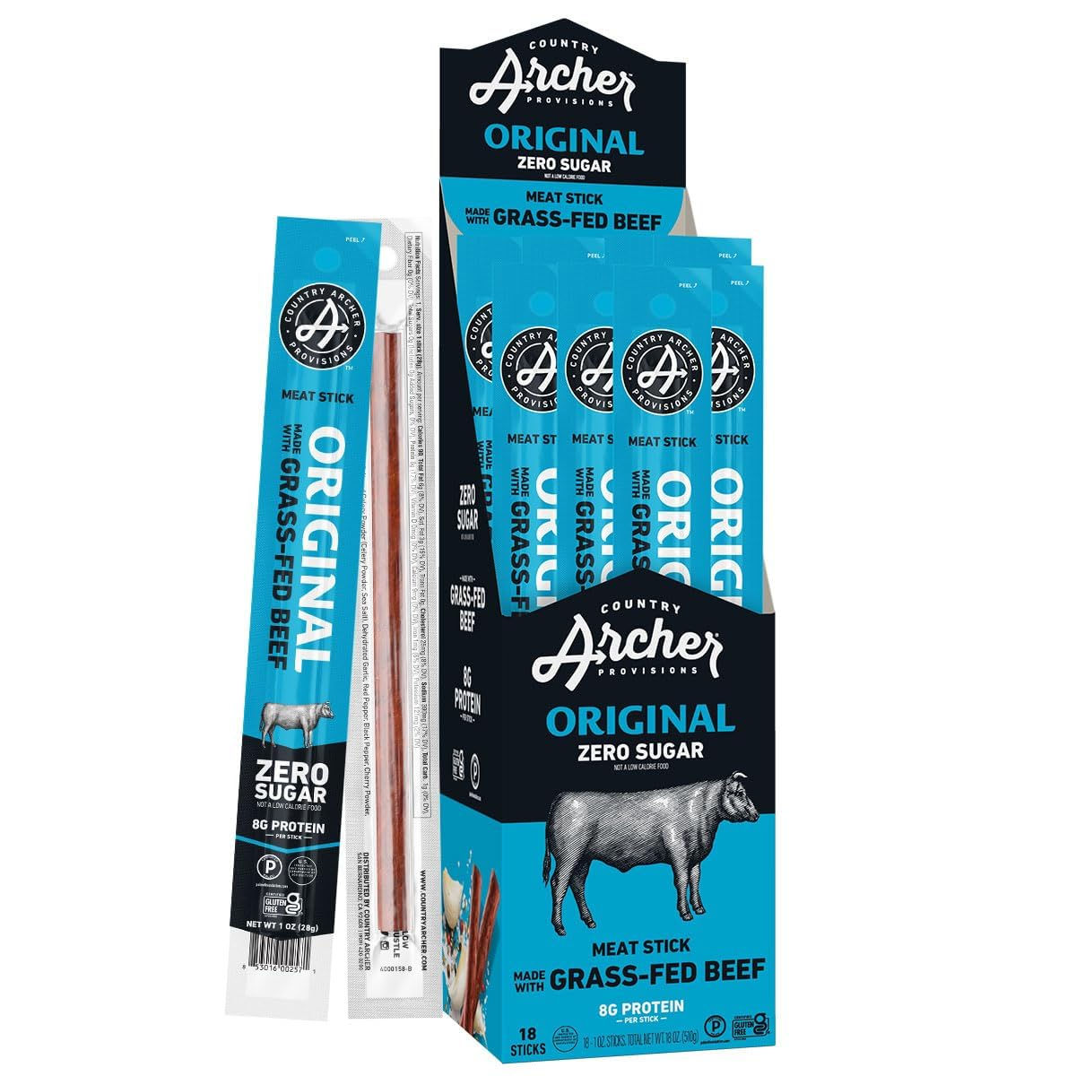 Country Archer Beef Jerky Sticks - Grass Fed Beef Sticks Individually Wrapped, B