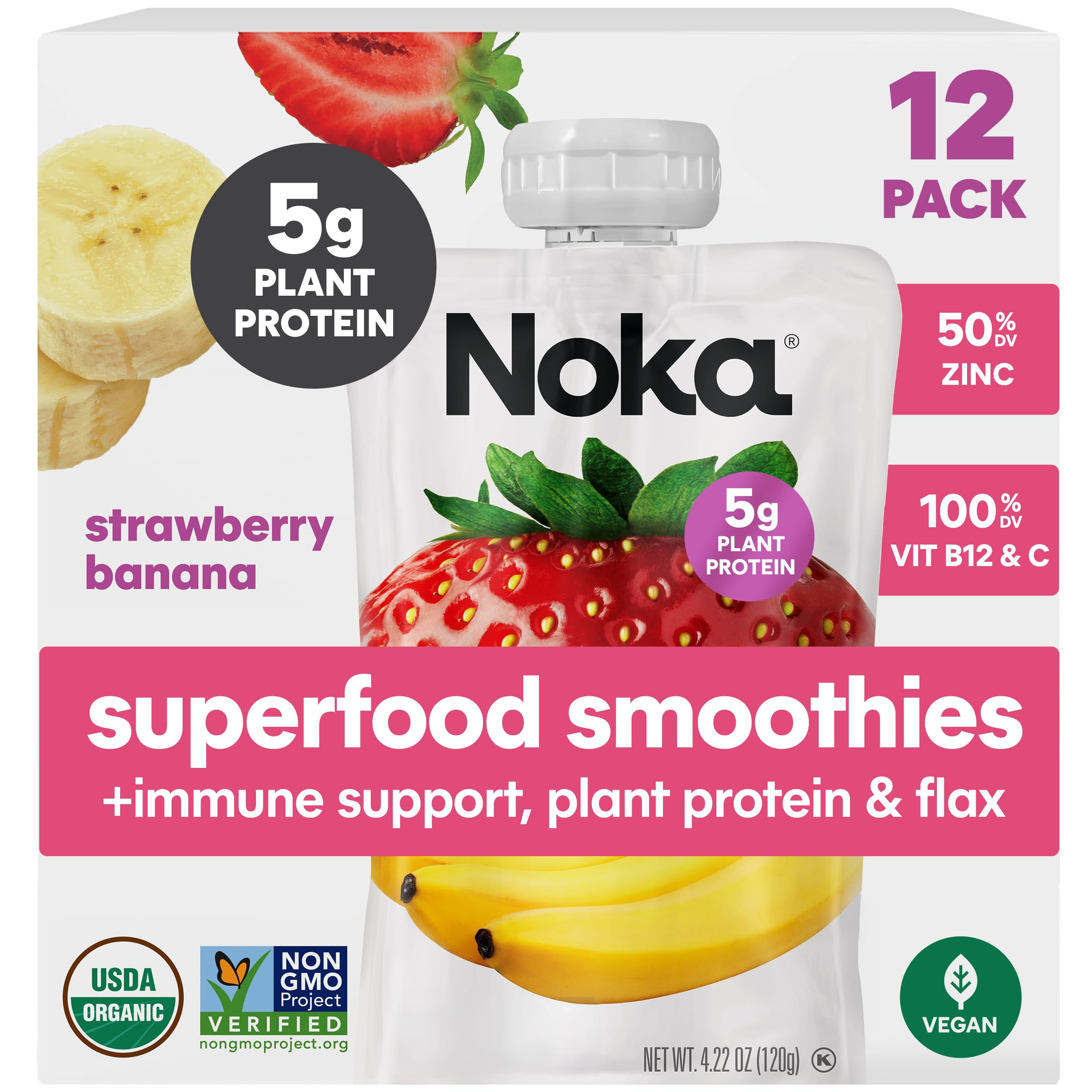 Noka Organic Superfood Fruit Smoothie Pouches, Strawberry Banana with Immune Sup