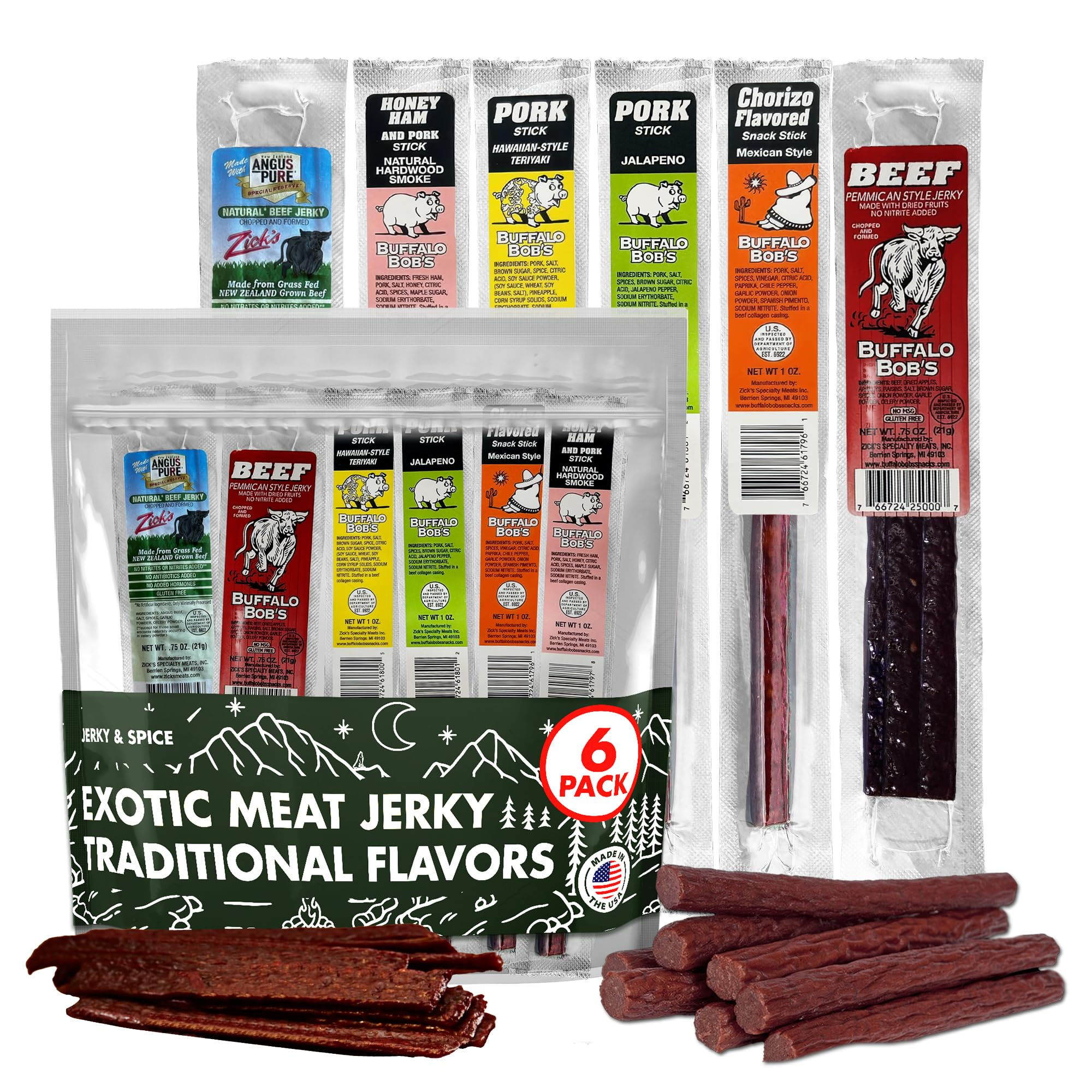 Buffalo Bob's Wild Game Meat Snacks (6 Pack), Traditional Assortment Sampler, Be