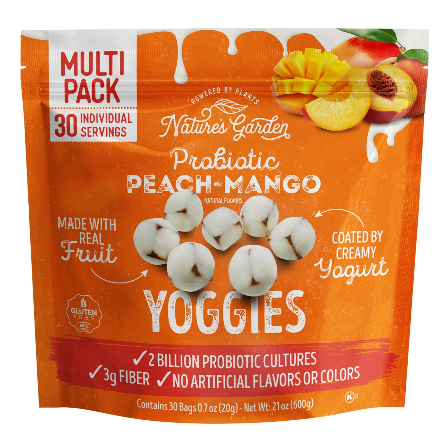 Nature's Garden Probiotic Peach Mango Yoggies, 21oz (30 x 0.7oz) - Yogurt Covere