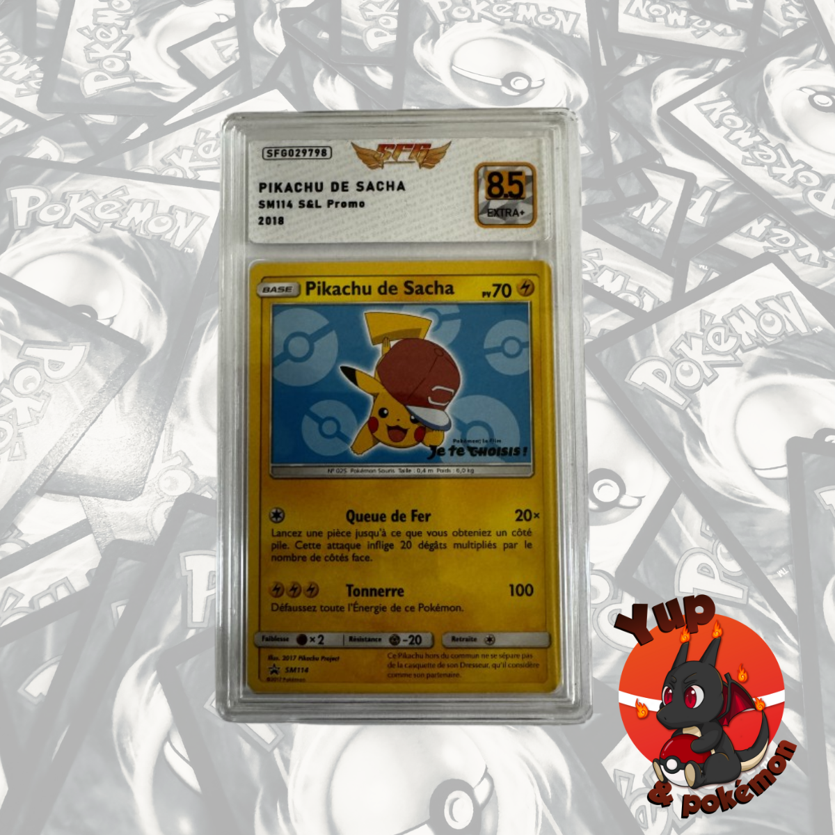 Pikachu de Sacha SM114 Gradé 8.5