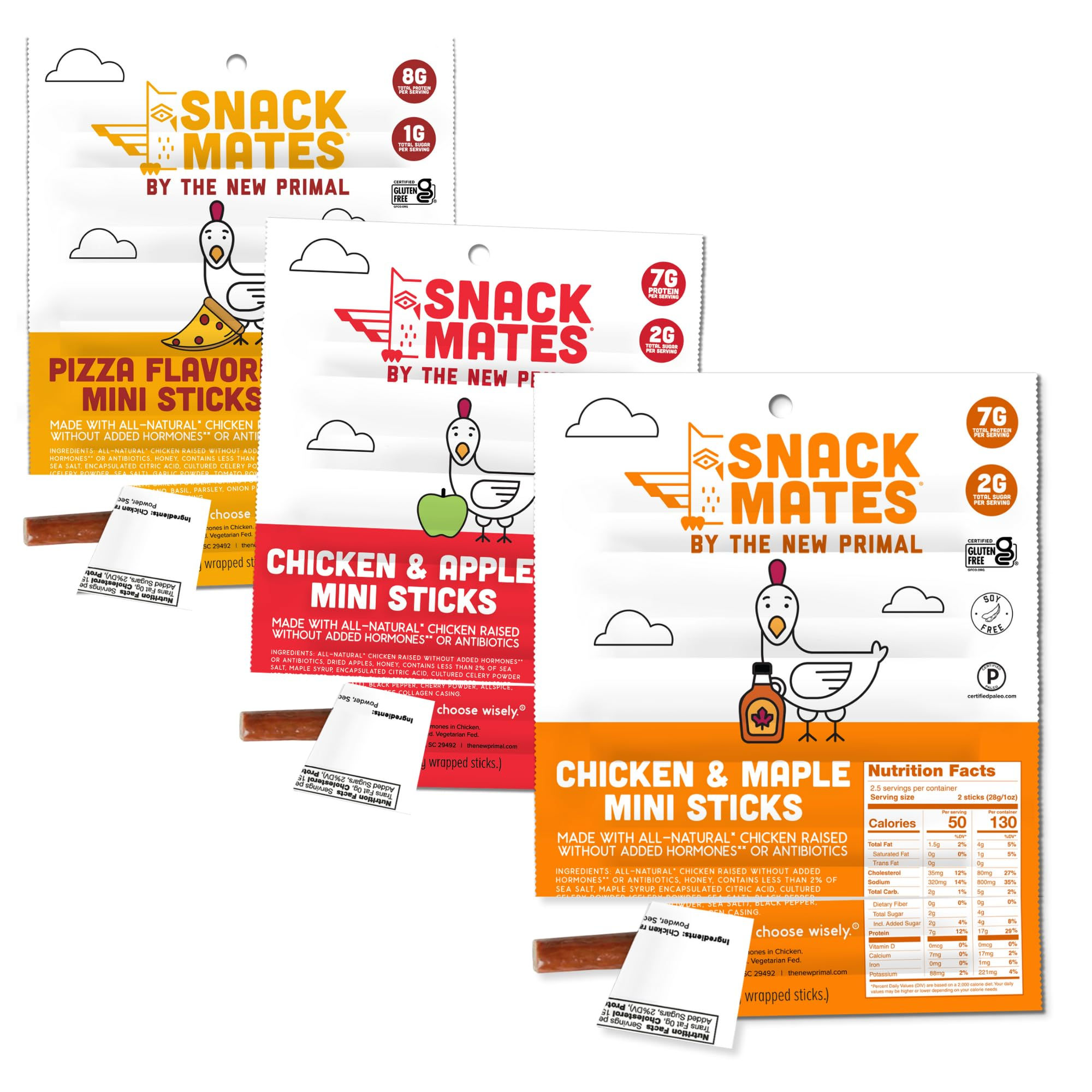Snack Mates by New Primal Sampler Three Flavor Pack, Mini Chicken Sticks, High P