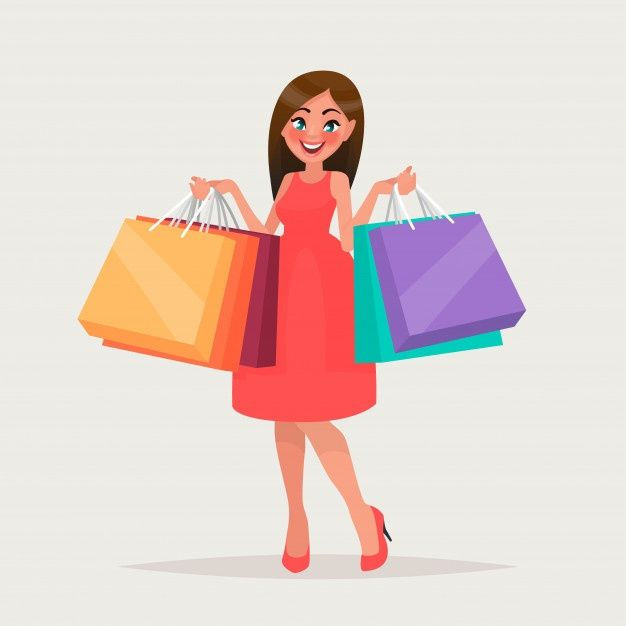 Ilustración con colores vivos de una señora alegre con muchas bolsas de compra en sus manos