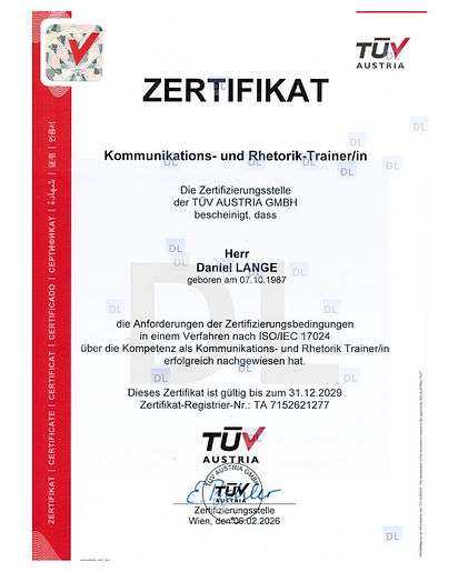 TÜV Austria Zertifikat Kommunikations- und Rhetoriktrainer Daniel Lange