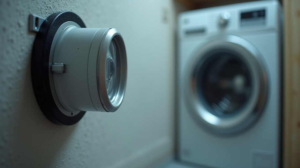 Close-up view of a water leak detector installed near a washing machine