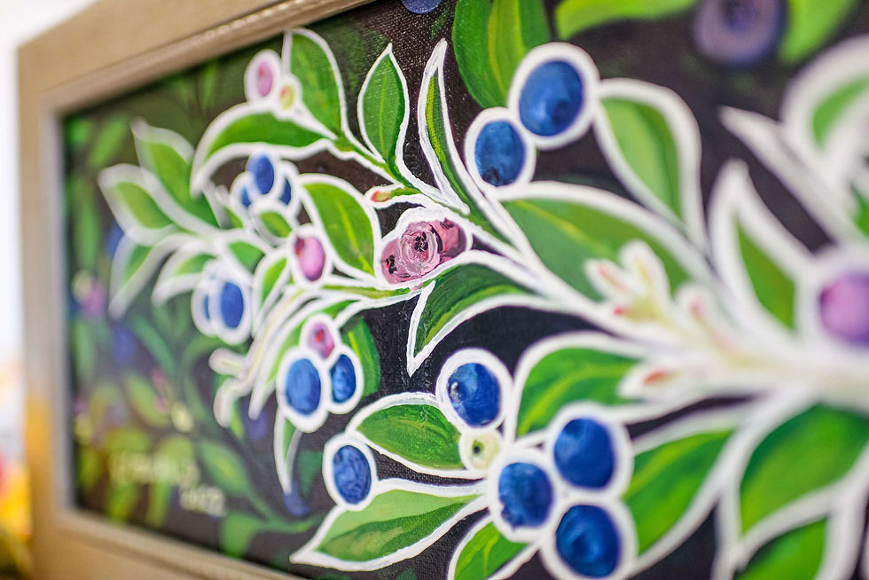 Thumbnail: "Ripening Blueberries" (2022) 8" X 20" acrylic on canvas Original Reilly Fitzger