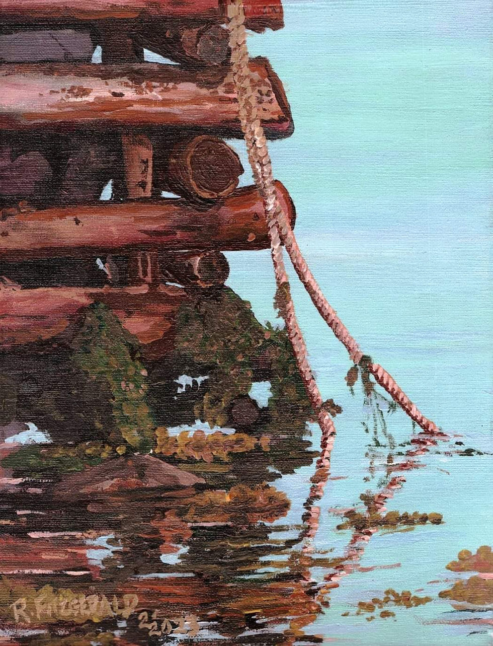 Green's Harbour Wharf Cribbing" (2023) 14 X 11" acrylic on canvas original RFitz