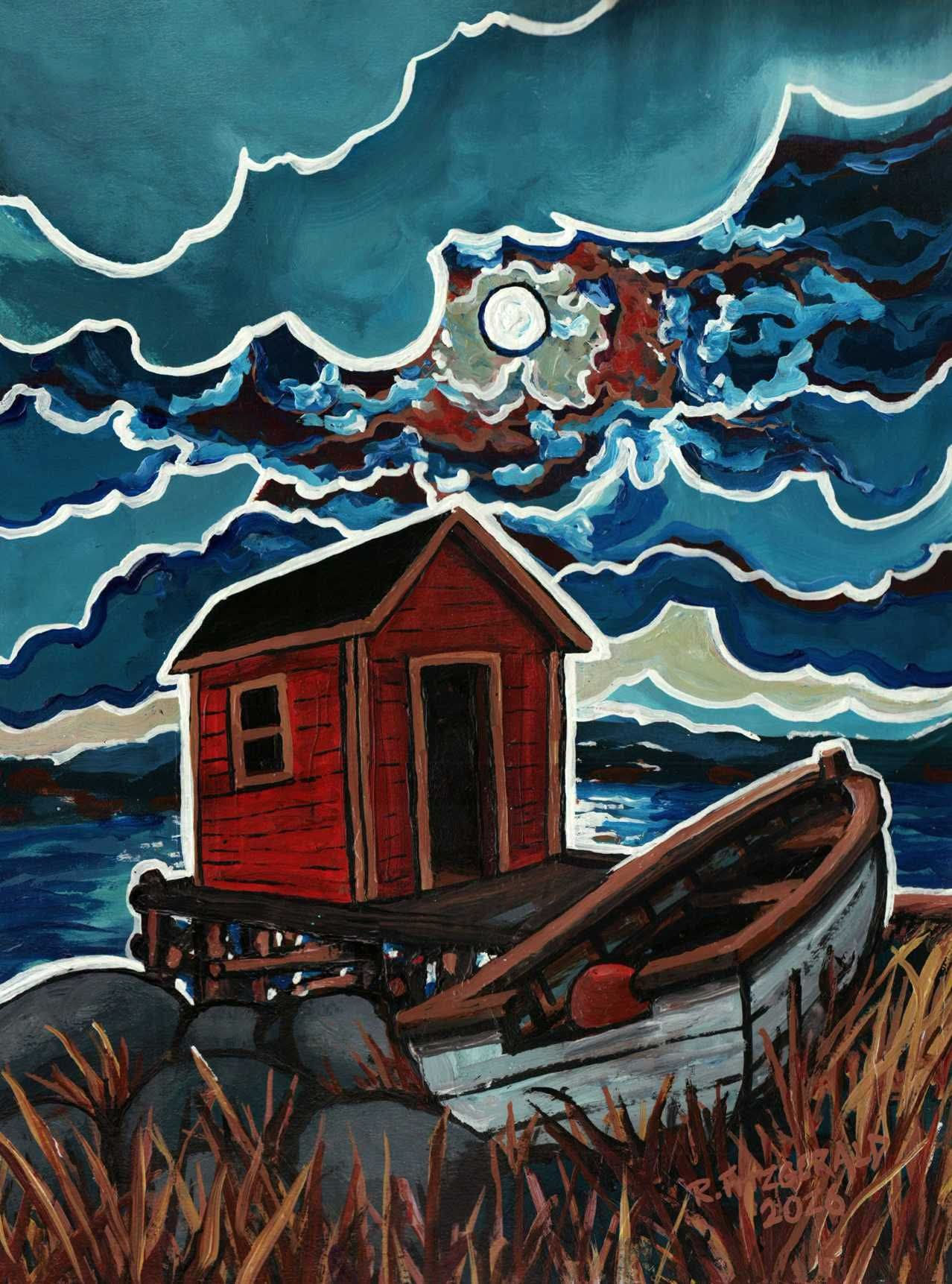 "Red Shed Stage and Boat in Moonlight" Original (2026) Acrylic on paper 