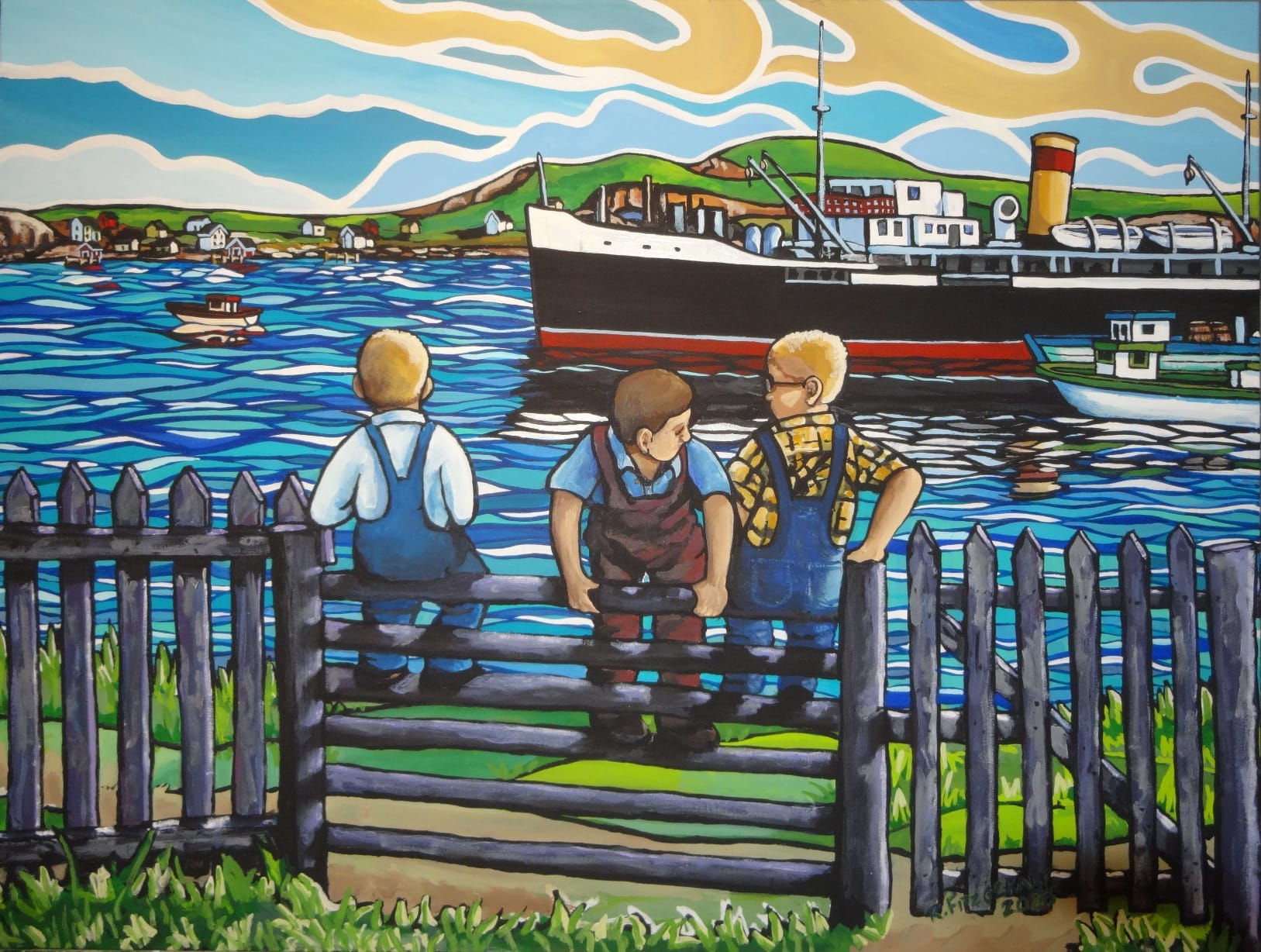 "Coastal Boat at St. Anthony" (2023) 36" X 48" acrylic on canvas Original Reilly