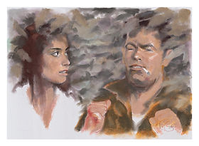 Pastel drawing on paper of a woman looking at a bragging man.