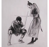 charcoal drawing on paper of Japanese TV character blind swordsman Zatoichi fighting a samurai.