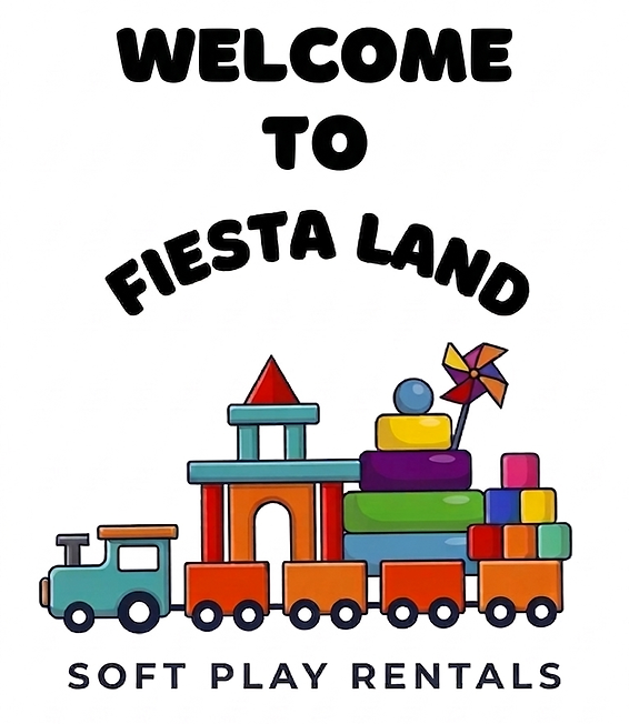 Fiesta Land Soft Play Rentals logo: A playful, colorful train carrying building blocks and foam play equipment for toddler bi