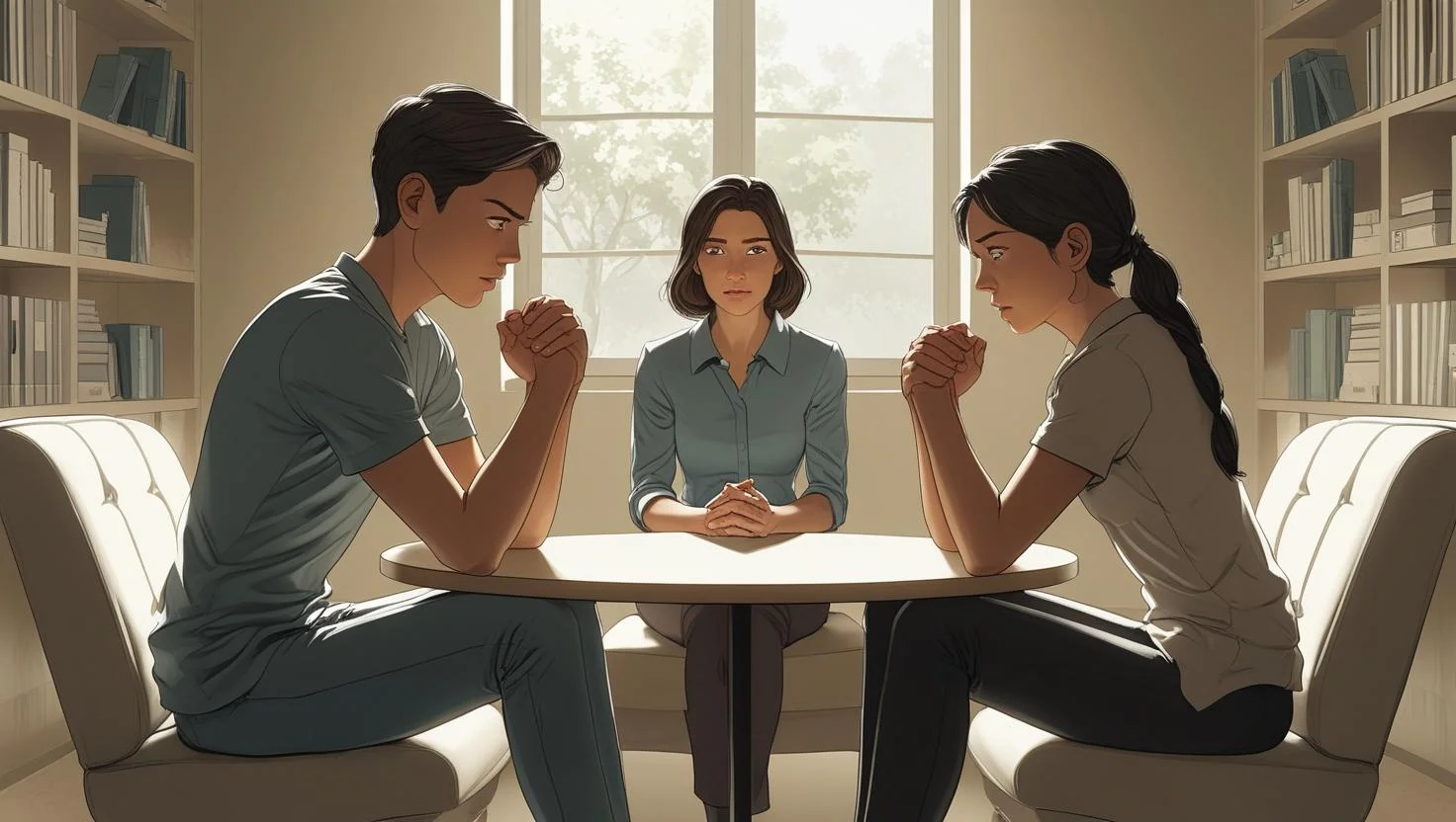 Siblings in tense therapy session setting