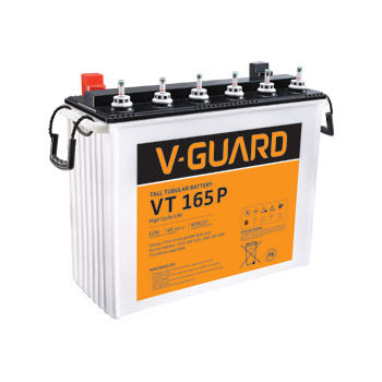 V-GUARD VT 165P battery with black top and orange label, WHITE background.