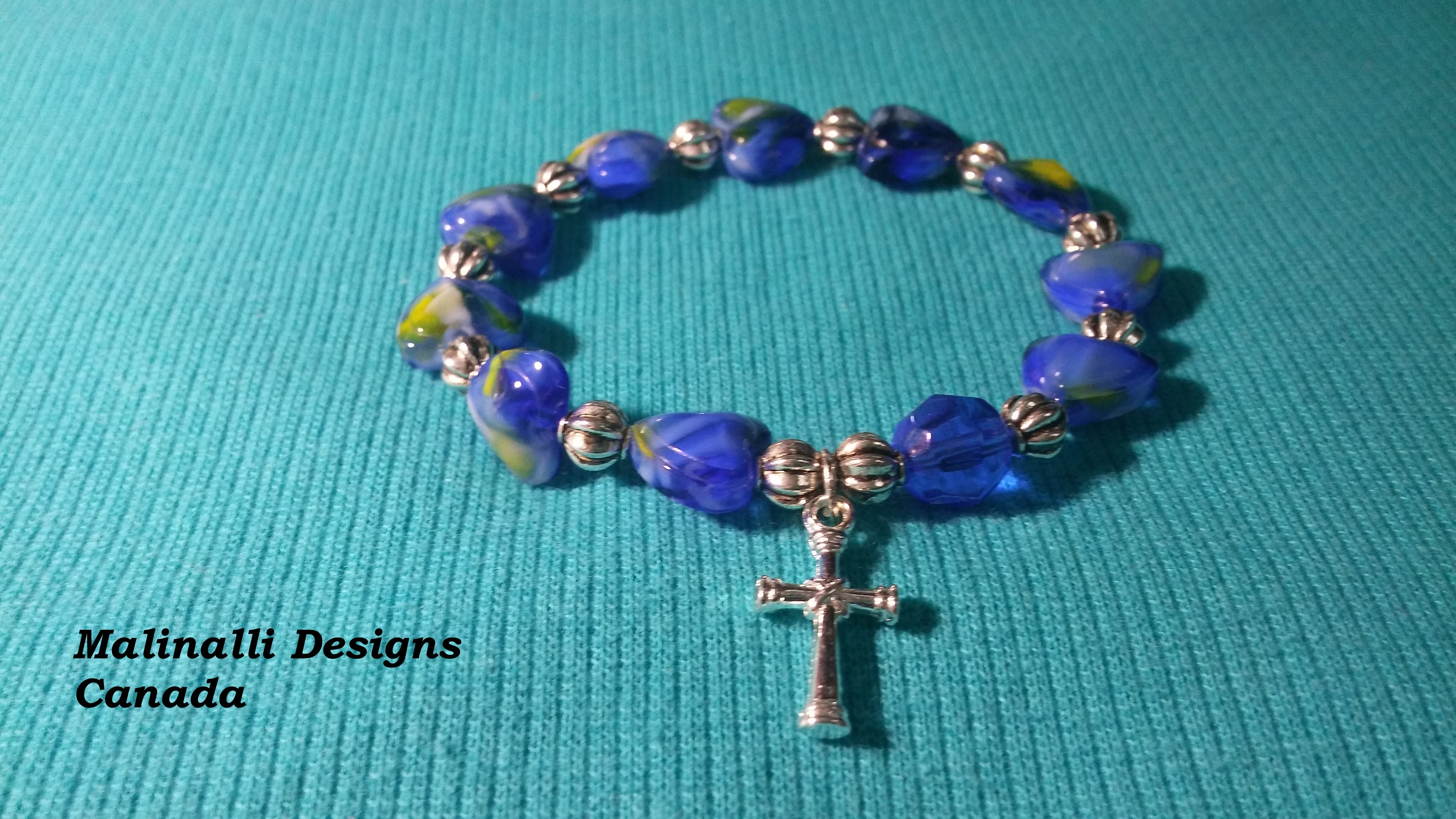 015.- Blue and green lampwork heart Rosary bracelet