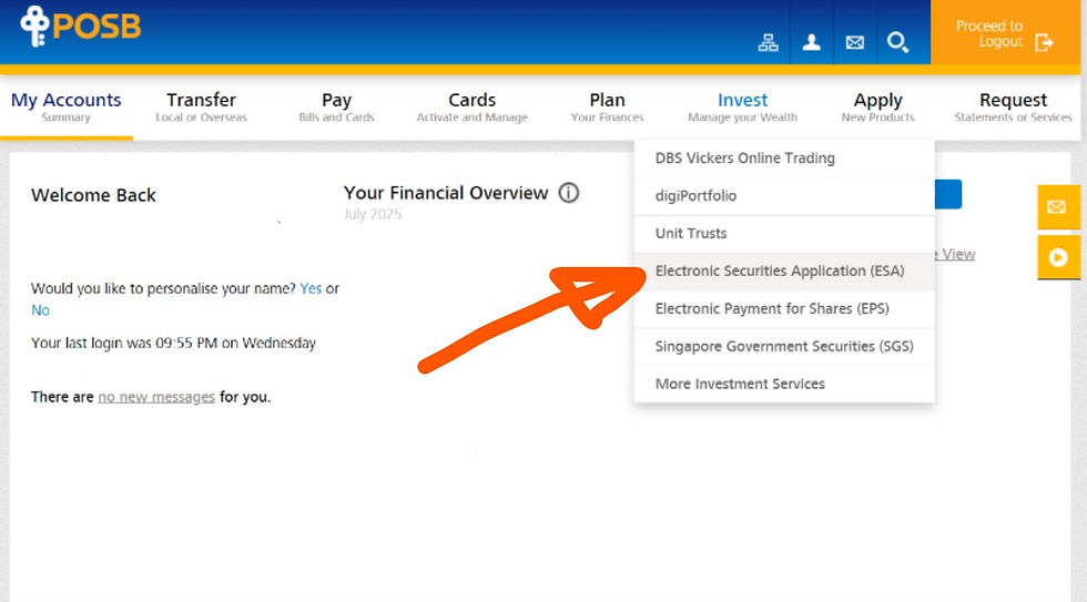 Login to your POSB/DBS Internet banking => Invest => Electronic Securities Application (ESA)
