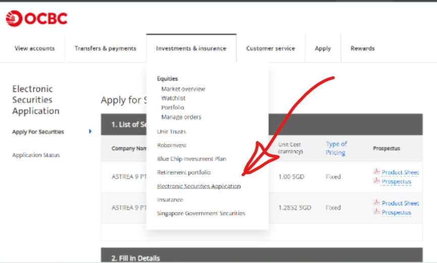Login to your OCBC Internet Banking => Investment & Insurance => Choose Electronic Securities Application (ESA)