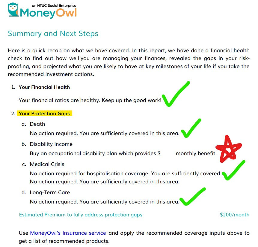 The Moneyowl financial report concluded I was sufficiently covered for most areas, except the need to close the protection gap on disability income