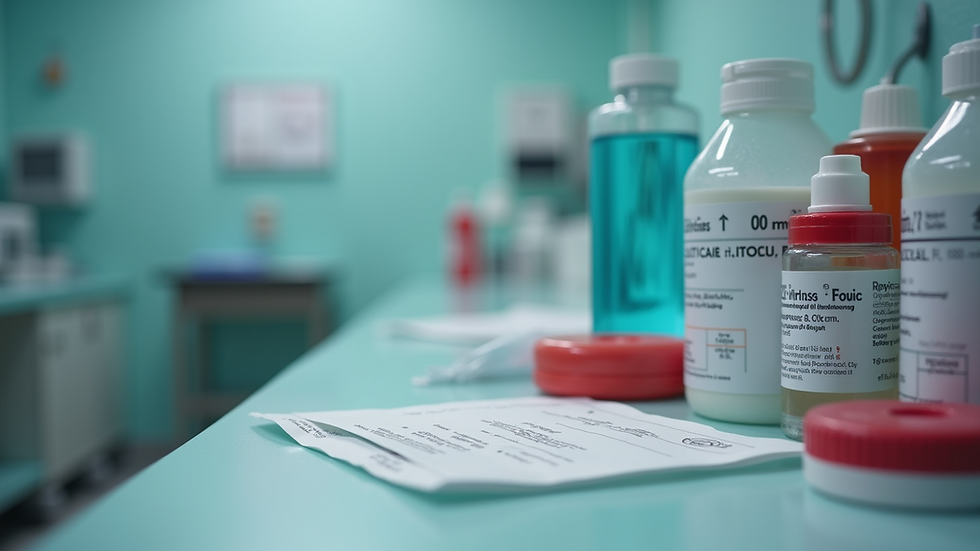 Close-up view of a well-organized wound care station with essential supplies
