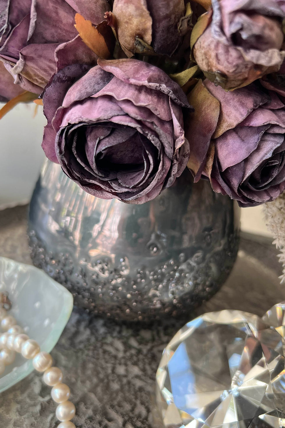 Thumbnail: Roses and Pampas in a Bronze Glass Vase (Vintage Purple)
