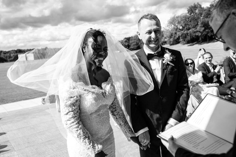 Black and white wedding ceremony moment at London Shenley Club