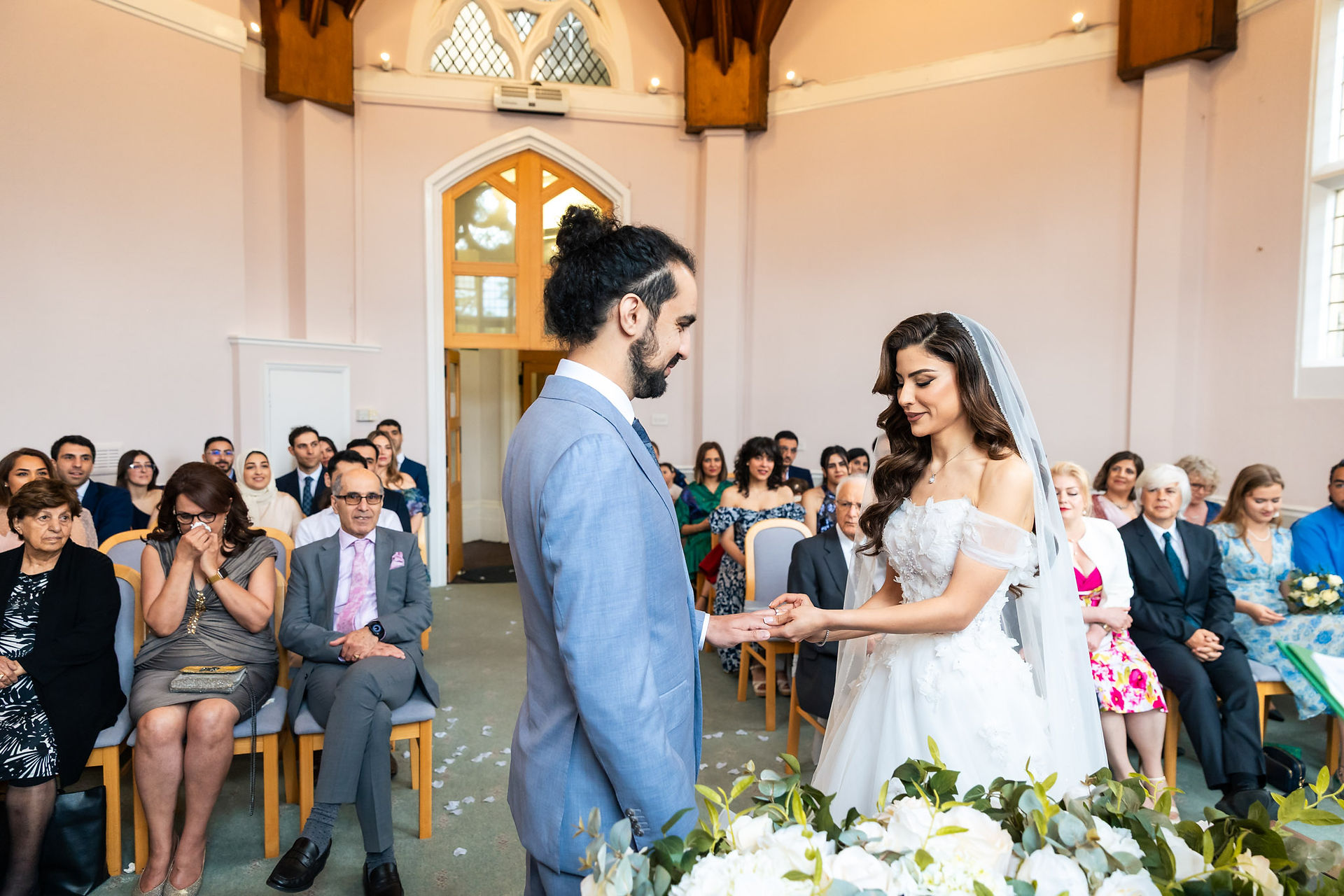 Wedding ceremony moment inside Cheshunt Register Office in Hertfordshire