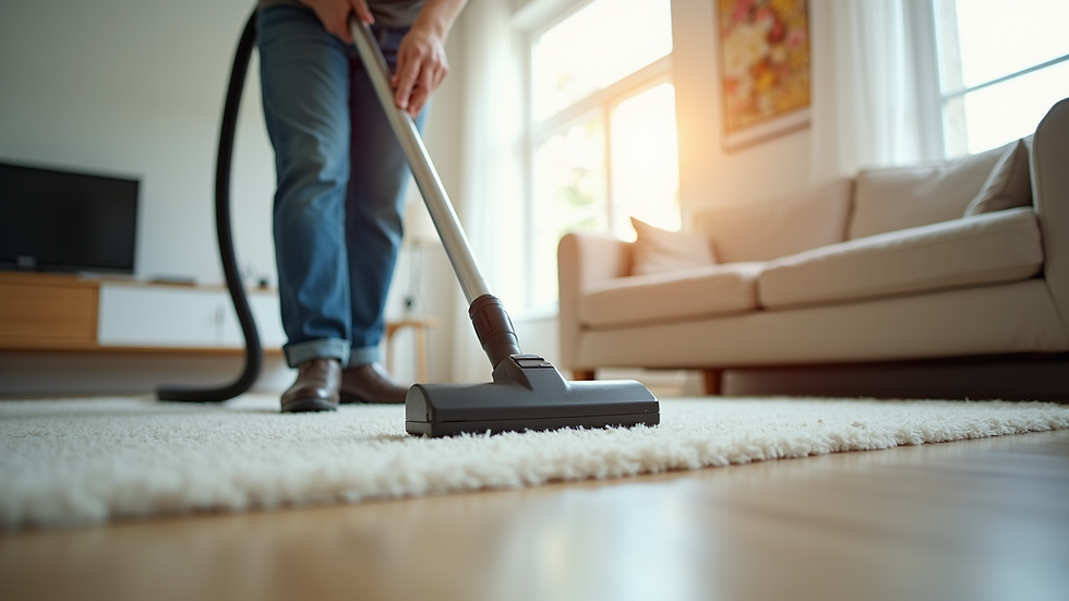 Eye-level view of a professional cleaner using a vacuum in a bright living room