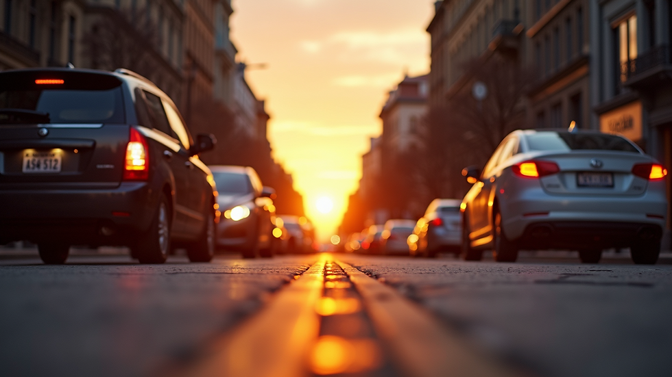 Eye-level view of a busy city street during sunset