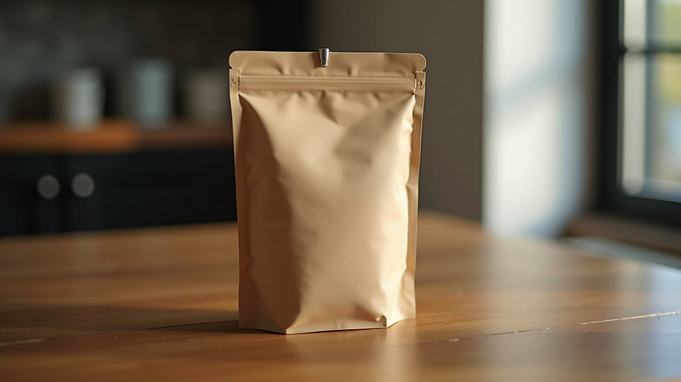 Close-up view of sealed coffee bag with one-way valve