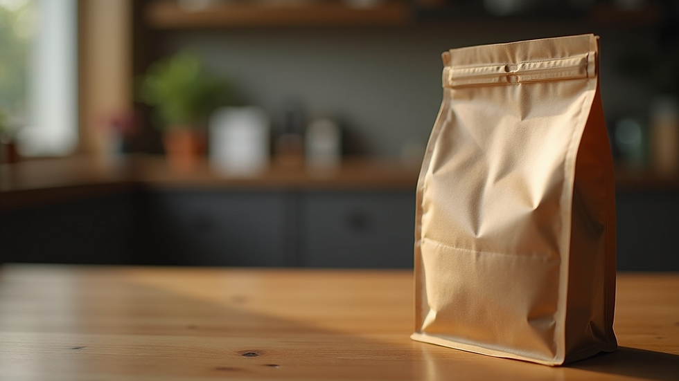 Close-up view of a sealed coffee bag with one-way valve