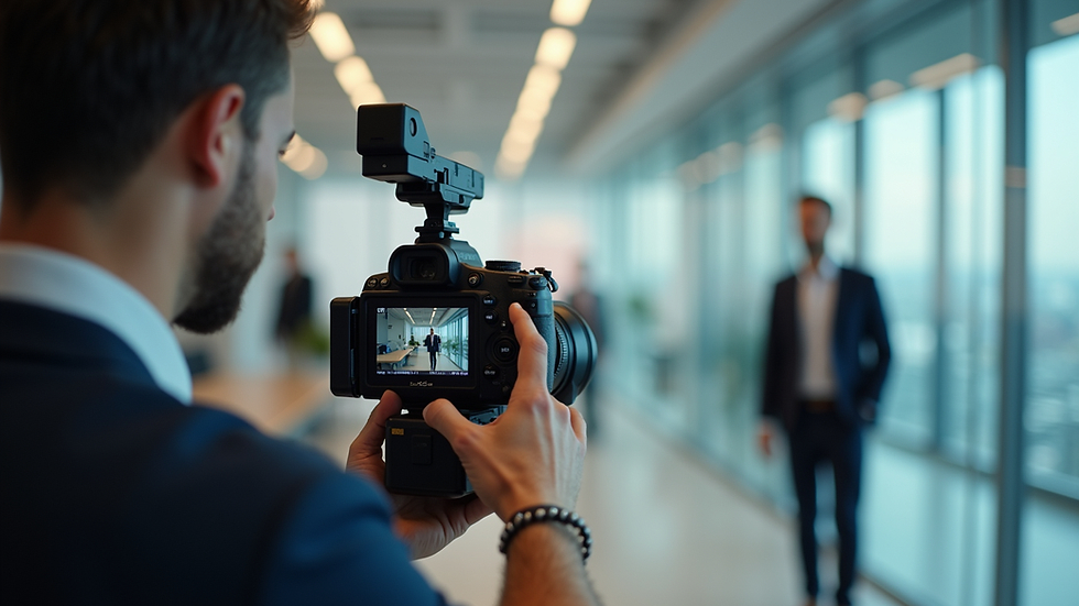 Eye-level view of a professional filming an employee in a modern office