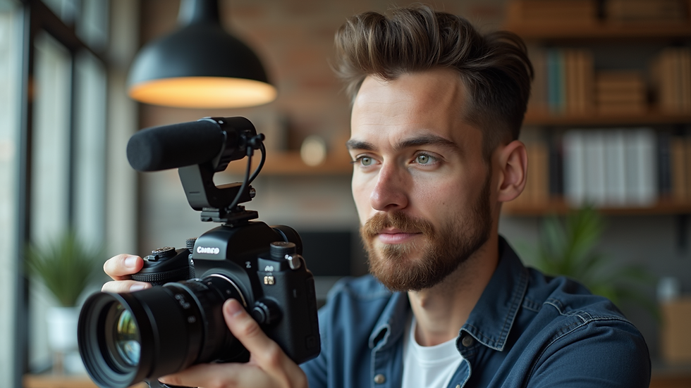 Eye-level view of a small business owner setting up a camera for video recording