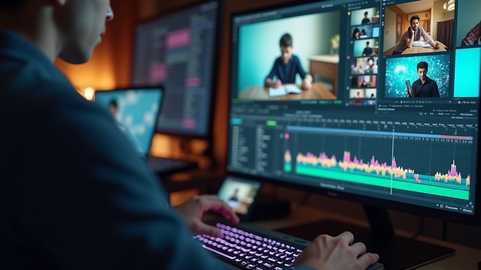 Close-up view of a video editor working on a timeline with colorful clips on a computer screen