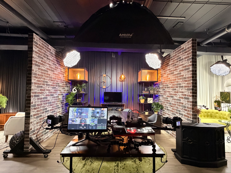 podcast studio with 3 different bays for recording podcasts