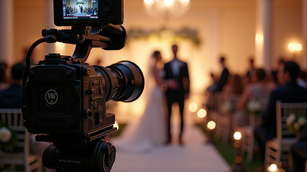 Close-up view of a professional video camera set up at a wedding venue
