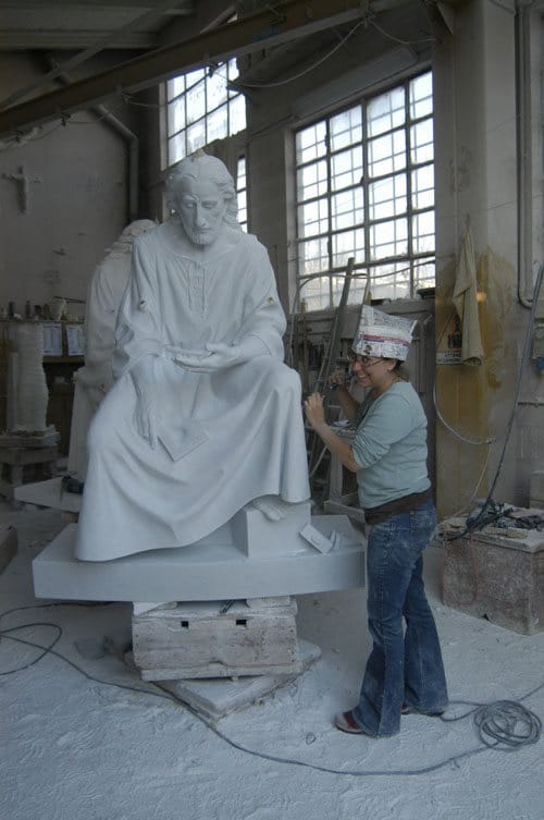 The artist at the carving studio in Pietrasanta, Italy