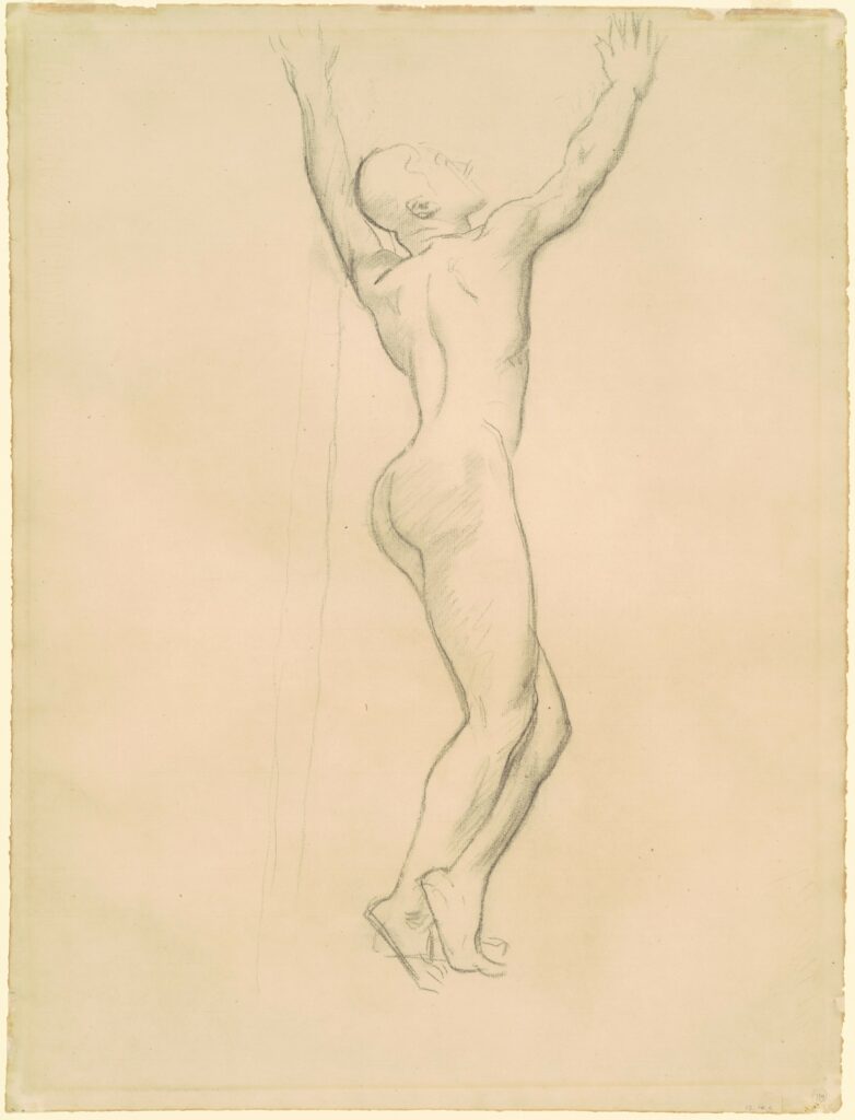 Pencil sketch of a nude figure standing on tiptoes, arms reaching upward, against a plain background. The mood is contemplative.