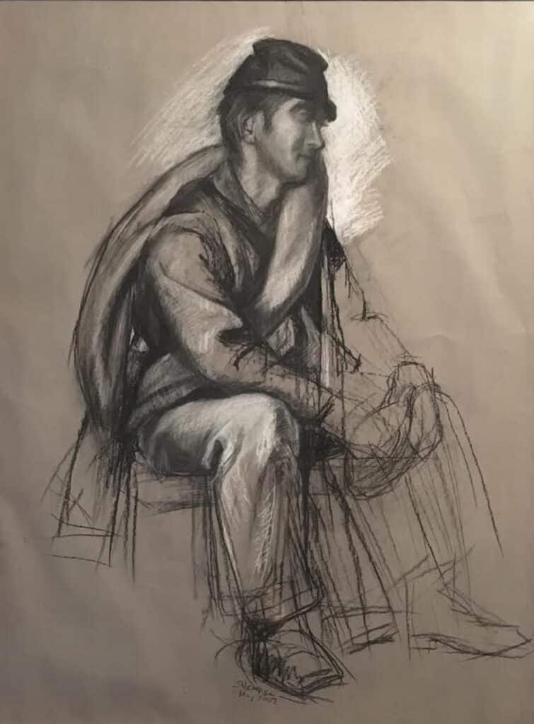 Sarah Hempel Irani, Soldier at Rest, Charcoal on toned paper, Private Collection