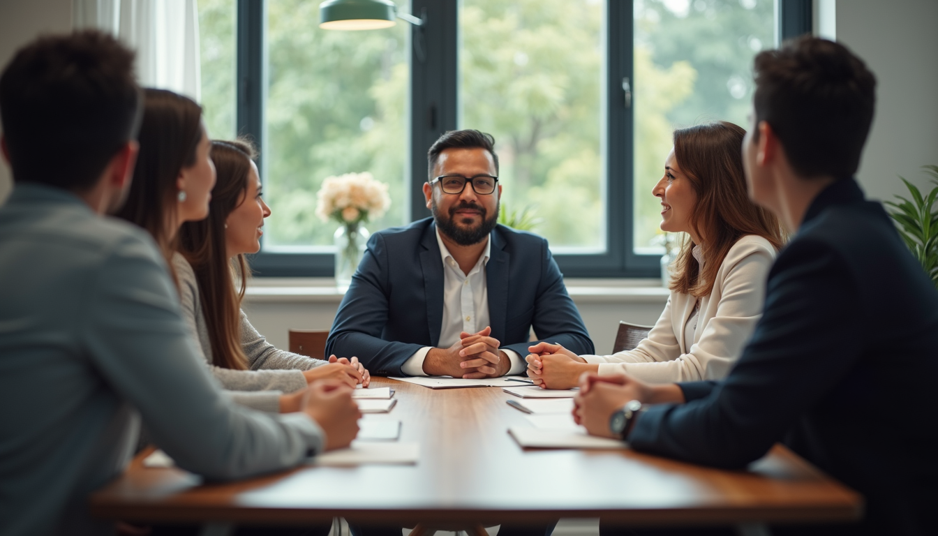 Grupo de pessoas em reunião em volta da mesa com Treinamento Corporativo.