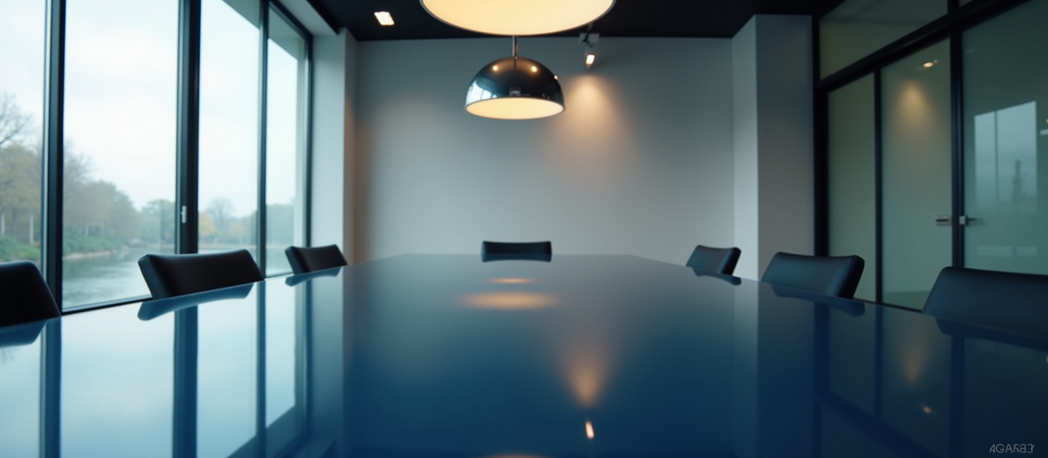 Sala de reuniões moderna com mesa azul, cadeiras e iluminação elegante. CA Consultoria.