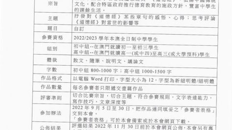 2022「《道德經》讀後感」中學生徵文比賽報名