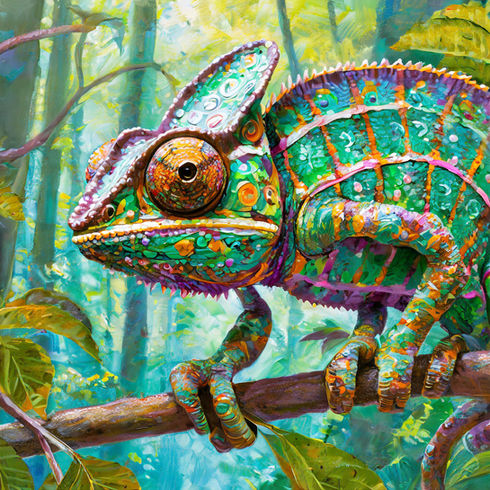 Firefly Robotic Chameleon, on branch, futuristic forest 86931