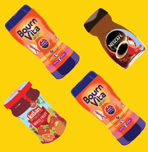 Indians have a tradition of repurposing empty containers such as jam jars, coffee canisters, and chocolate powder containers. This print draws inspiration from the world of pop art and the concept of "jugaad."