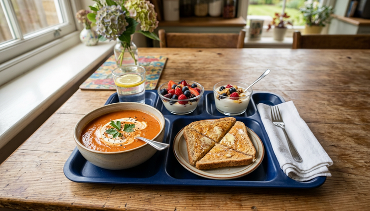 Wide-angle view of a senior-friendly lunch tray with soup, toast, and yogurt