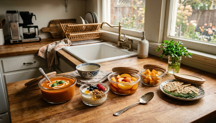Wide-angle view of a kitchen counter with small prepared containers of soup, yogurt, fruit, and snacks.