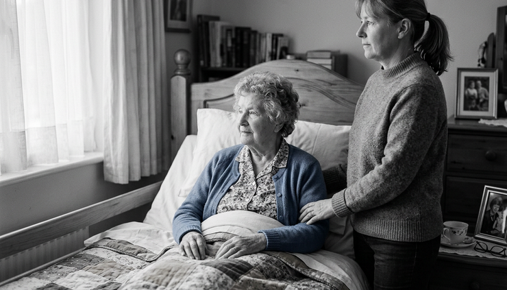 Eye-level view of an older adult waking in a softly lit bedroom with a caregiver nearby.