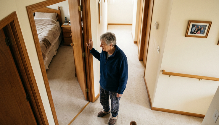 Overhead view of an older adult standing near a main-floor bedroom doorway.