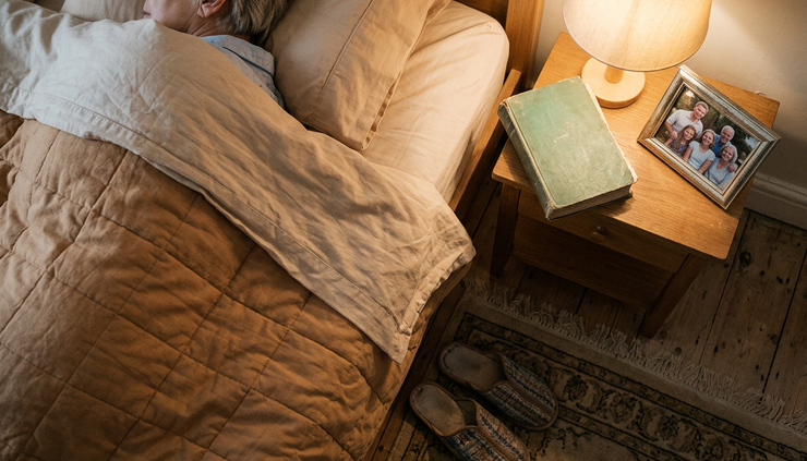 Overhead view of a warm bedtime routine with slippers, a book, and soft lamp light.
