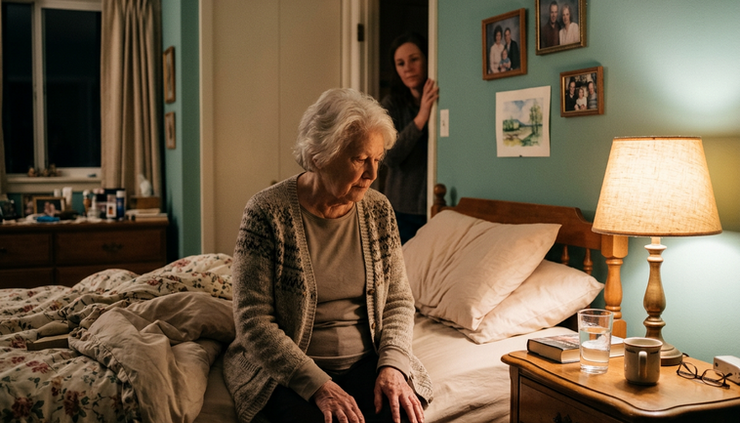 Eye-level view of an older adult sitting safely in a softly lit bedroom.