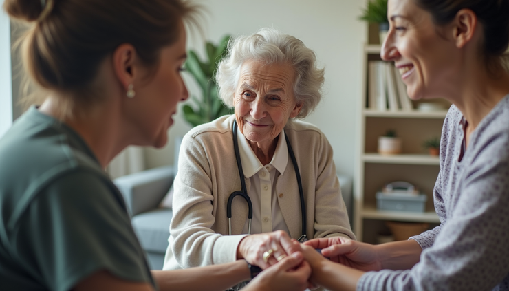 Eye-level view of a caregiver assisting an elderly woman with daily activities in a cozy living room